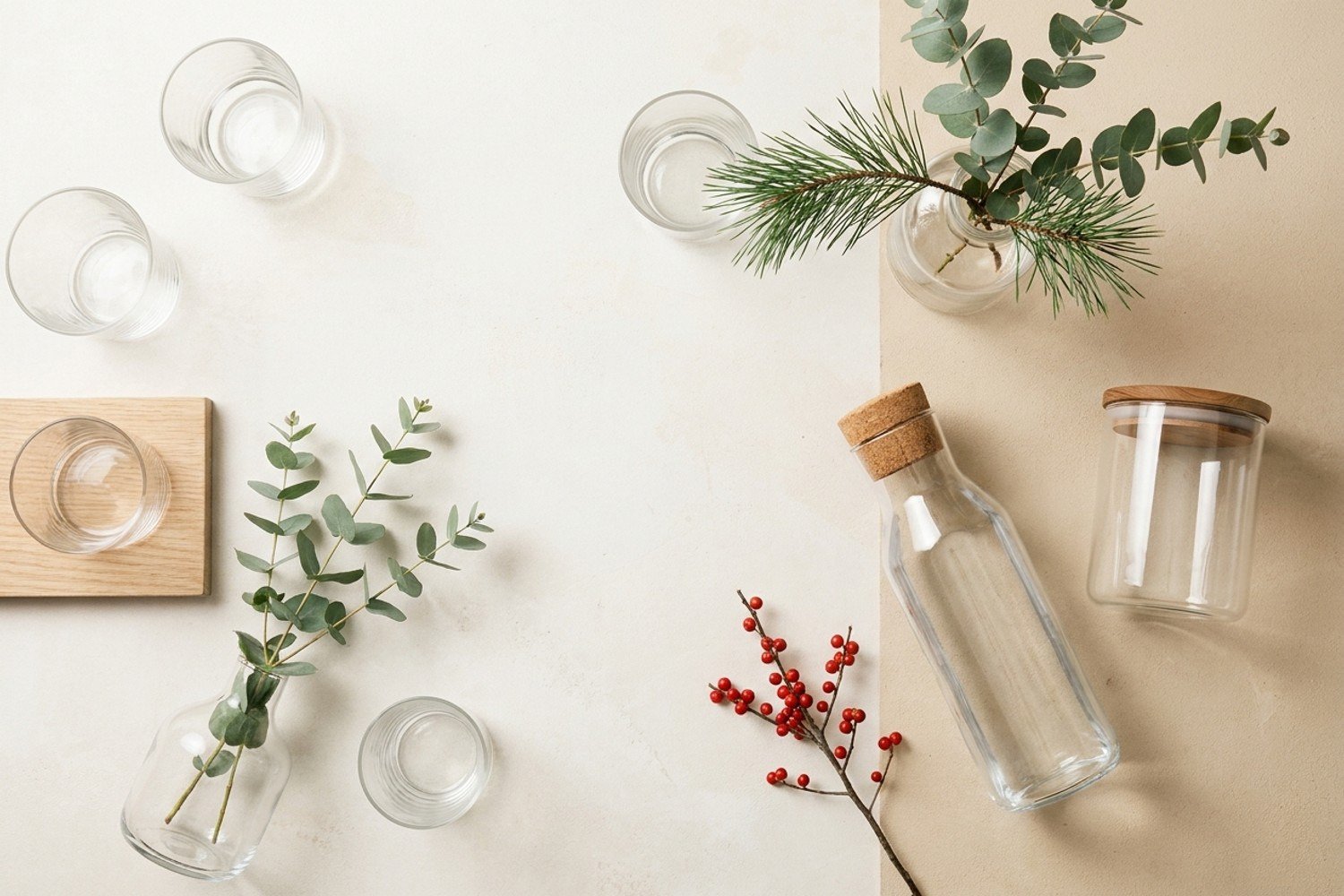 A flat-lay of clear glassware