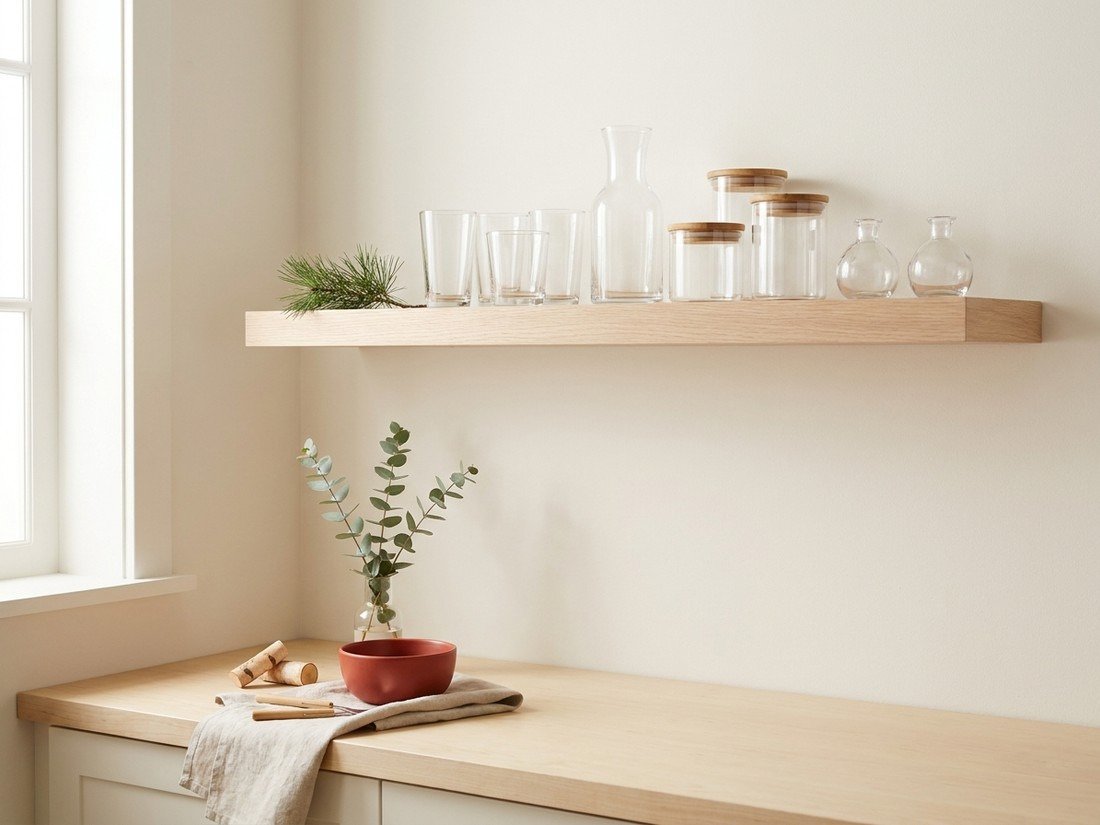 A styled shelf of clear glassware